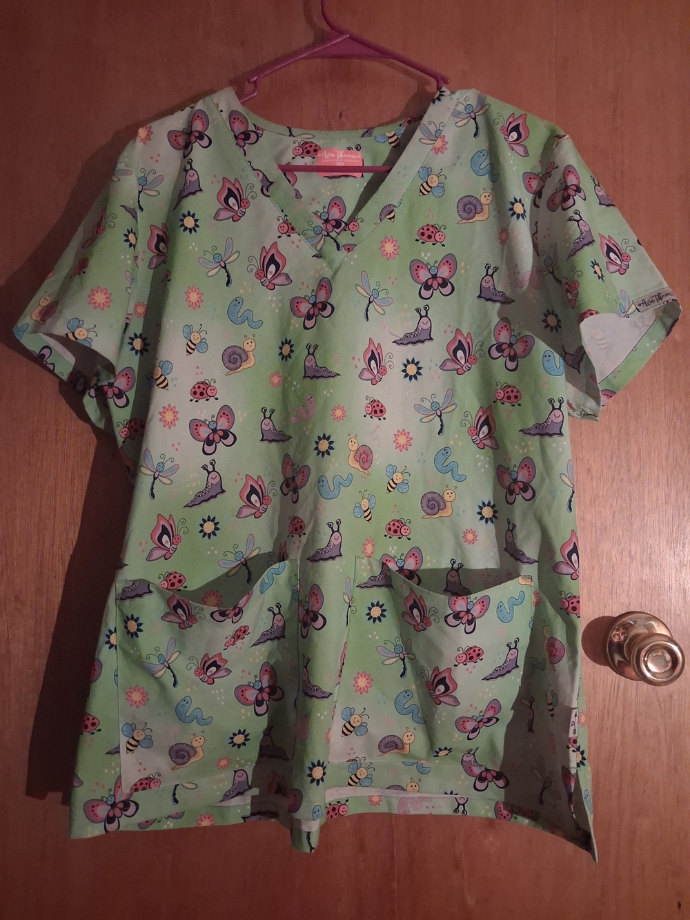Women’s Light Green Butterfly & Bug Print Scrub Top
